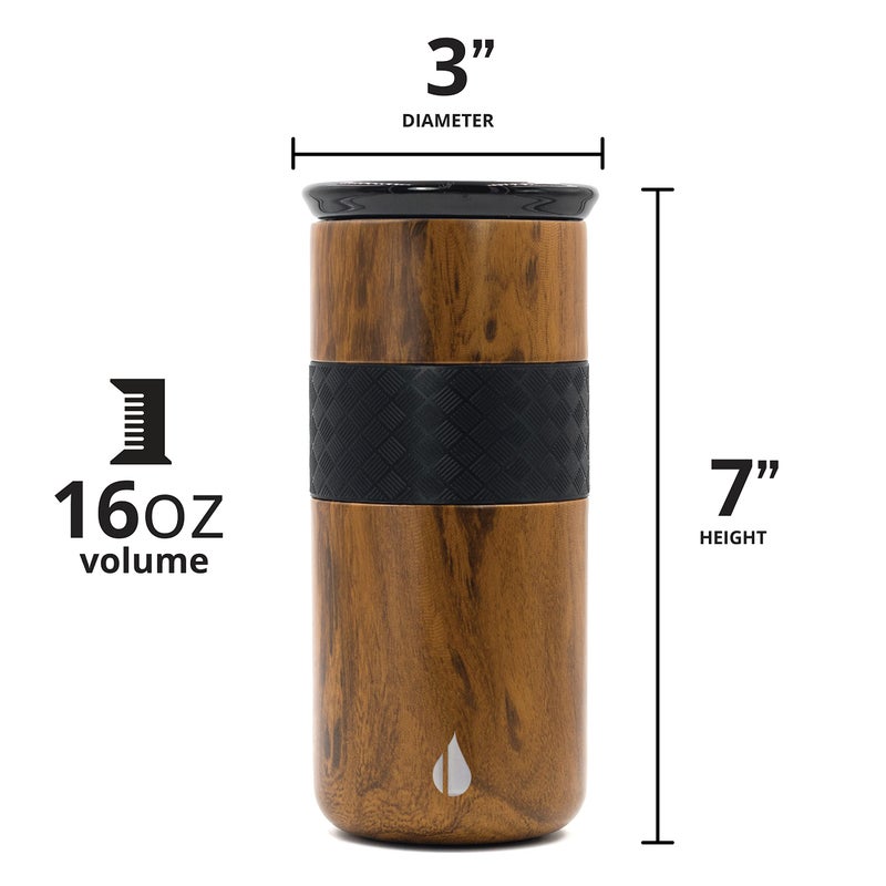 Elemental Artisan Insulated Tumbler, Triple Wall Coffee Travel Mug, Reusable Stainless Steel Coffee Tumbler with Ceramic Lid, Thermal Coffee Cups for Hot (6 Hrs) & Cold (18 Hrs), 16oz - Teakwood - Image 3